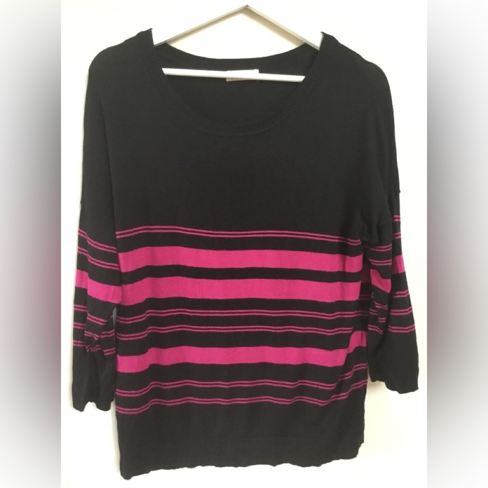 Women's Black Crewneck Sweater with Pink Stripes